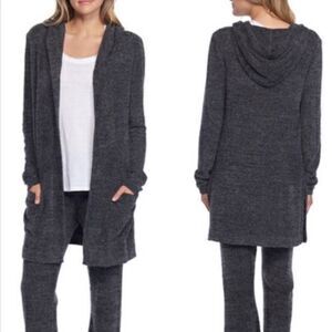 *Barefoot Dreams Cozy Chic Ultra Lite Knit Cardigan Hooded Gray Open Front Small